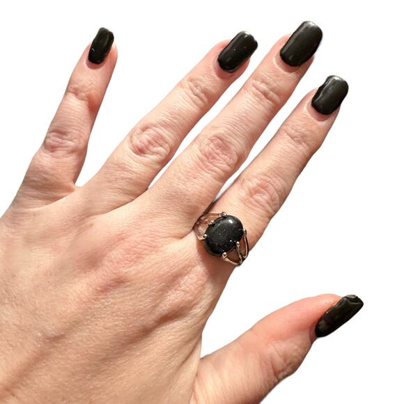 Dark Blue Goldstone Semi-Precious Silver Plated Ring New 7.75 - Picture 3 of 6